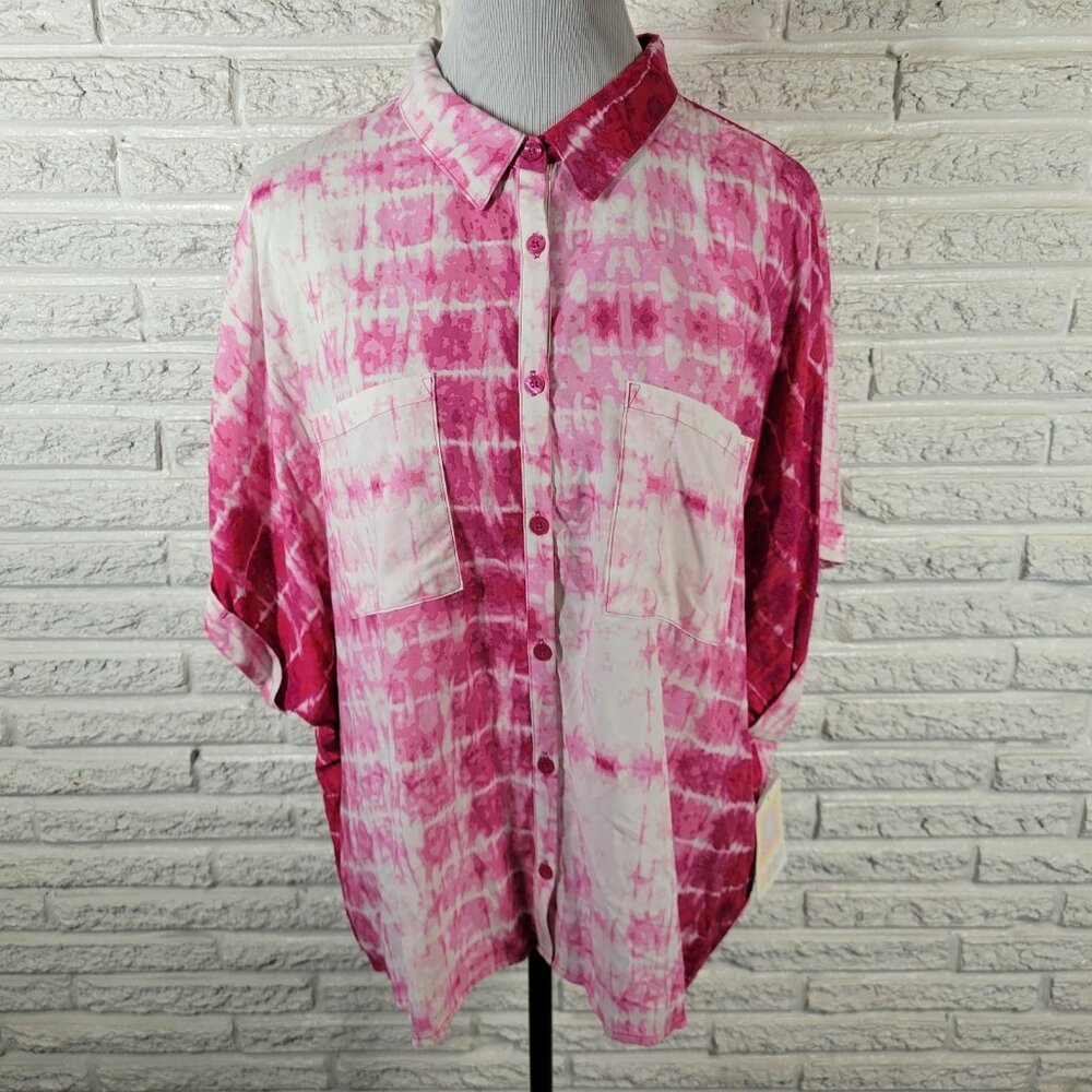 LuLaRoe Amy XL Top Blouse Pink White Tie Dye Collared Button Pockets TIE29E